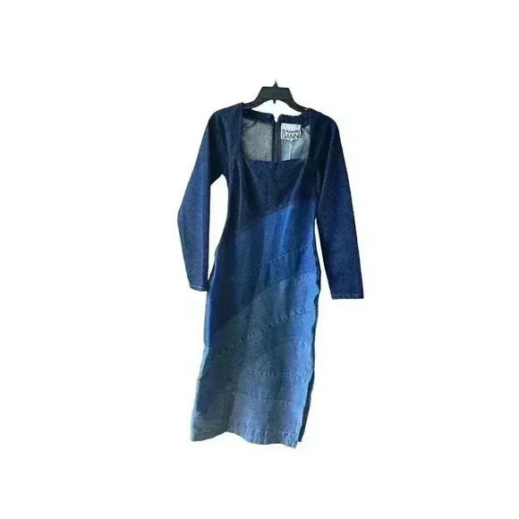 GANNI X Ahluwalia Denim Square Neck Midi Denim Wavy Dress Size 34 2 - Picture 8 of 15